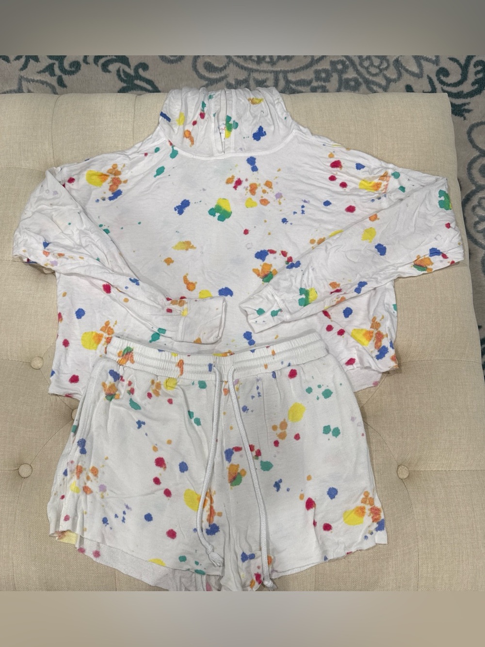 White Tie-Dye Splatter Hoodie & Shorts Set - Multicolor